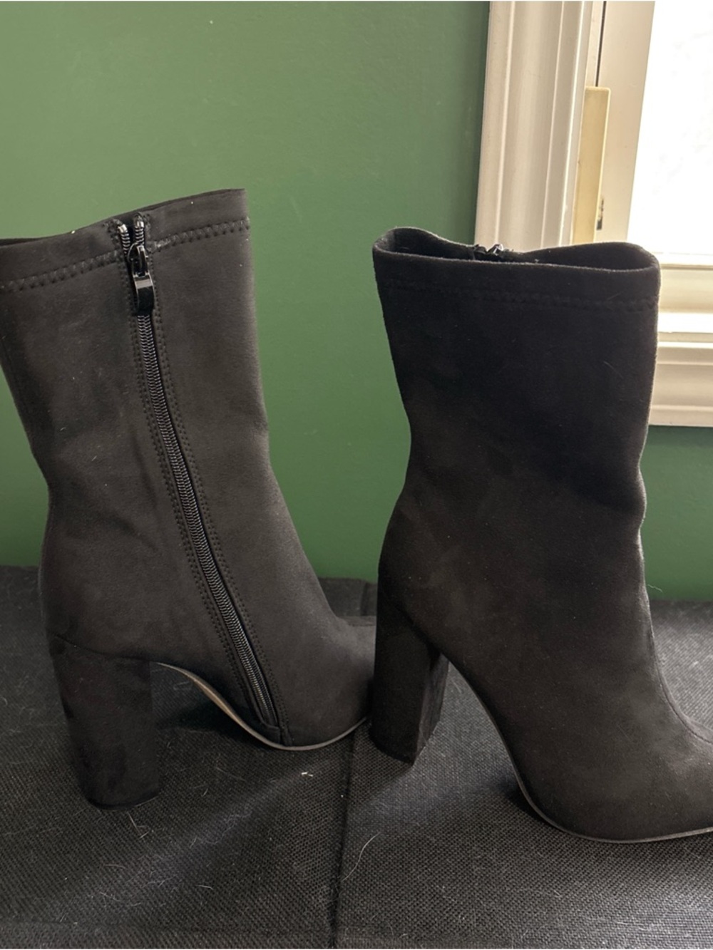 Women's Black Suede High Block Heel Ankle Boots